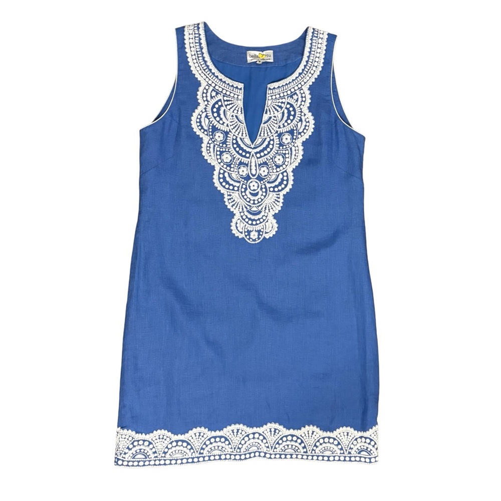 Bella Tu Sleeveless Shift Dress With White Embroidery - 100% linen.